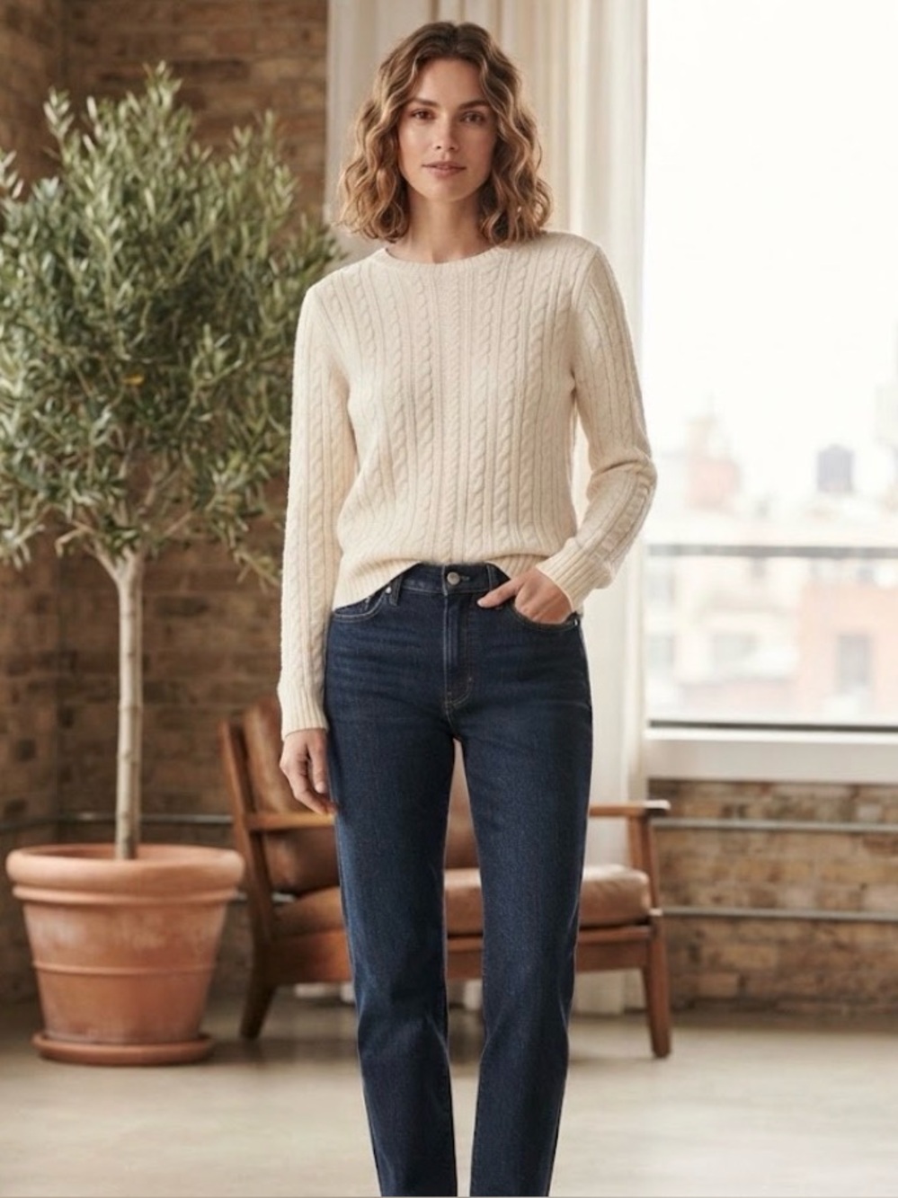 Lauren Ralph Lauren Petite Cream Cable Knit Sweater – Size P/L – 100% Cotton